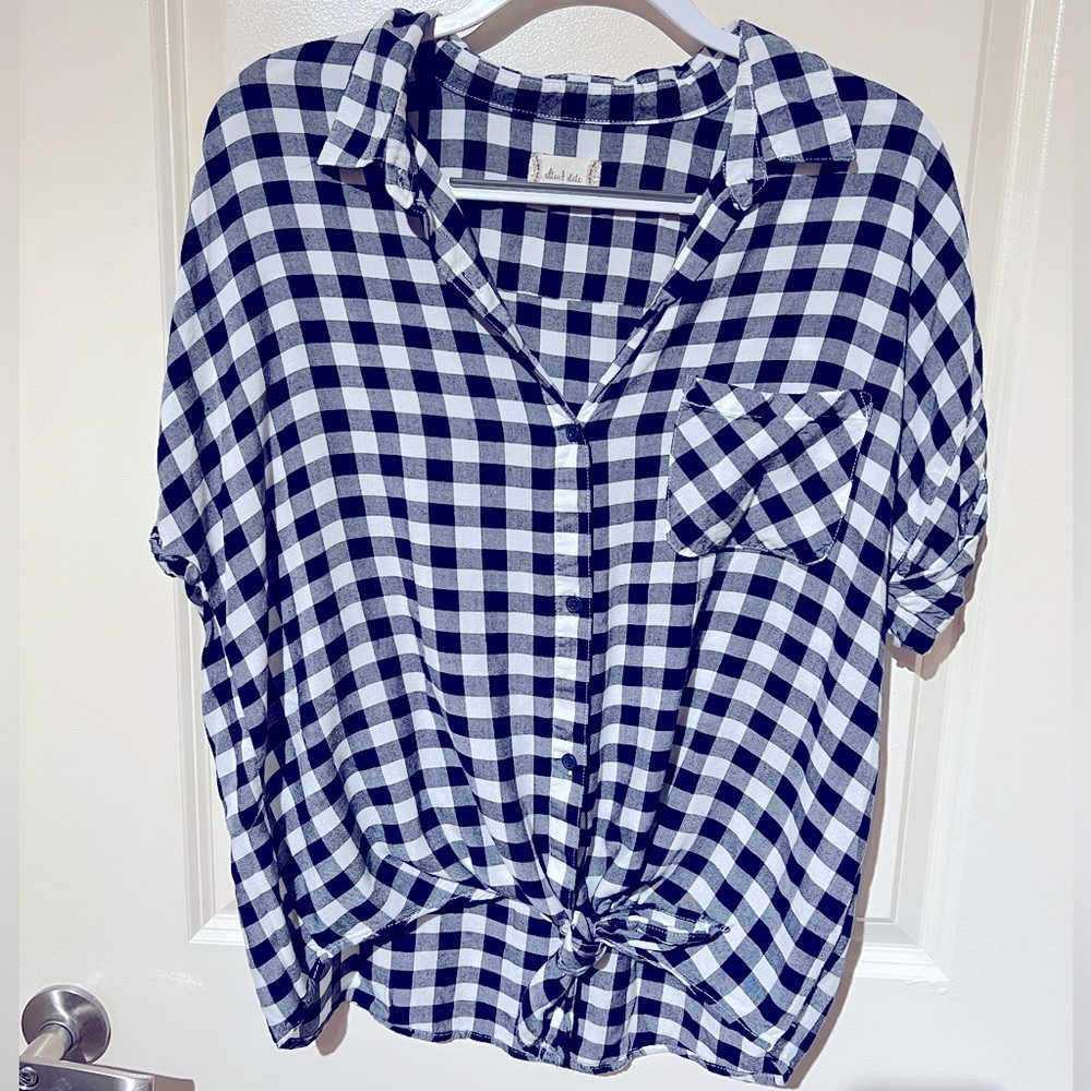 Navy Plaid Tie Front Altar’d State blouse